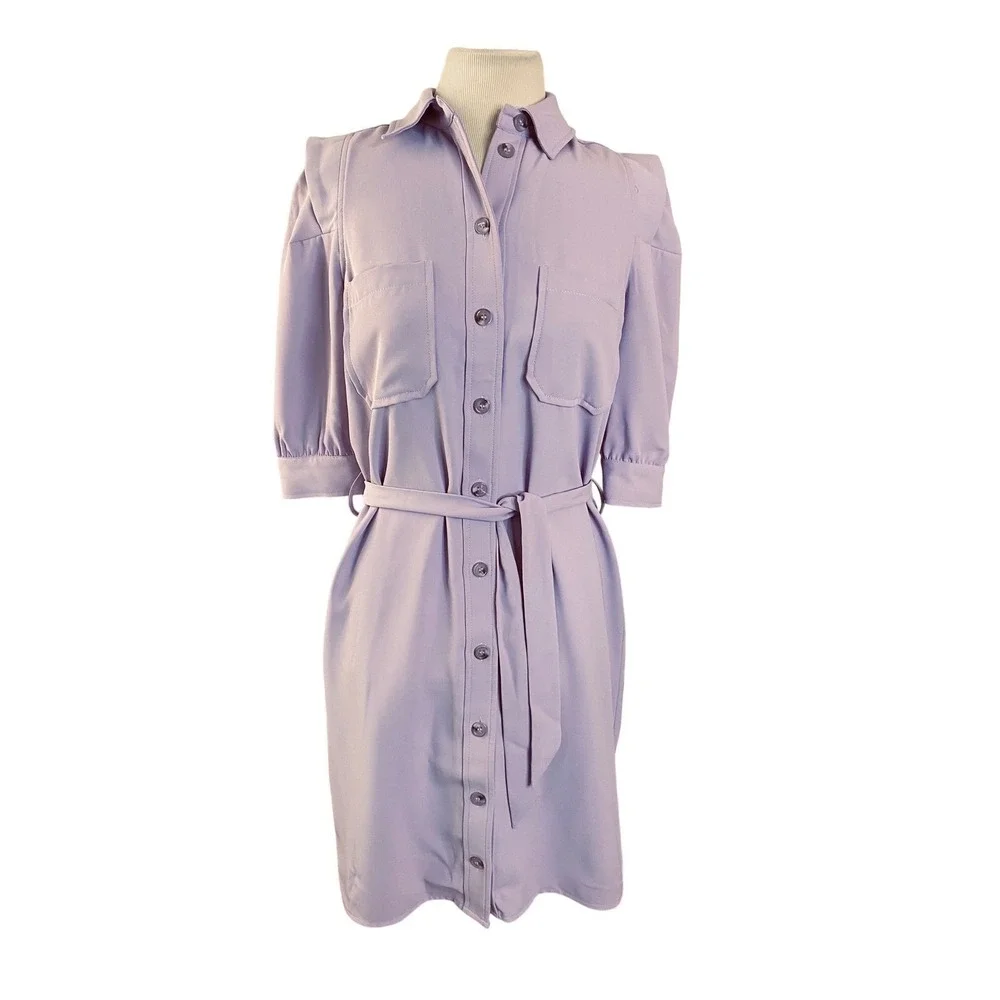 NWT Esqualo  Purple Button Down Belted Shirt Dress career size‎ 4 lilac dreams